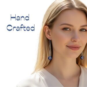 Hand Crafted Navy Glass Bead With Silver Chain Earrings NWT